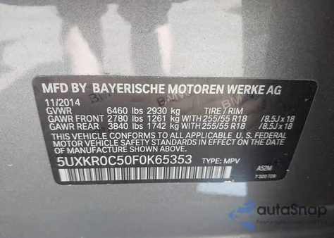 2015 BMW X5 xDrive35I from USA, damaged, VIN 5UXKR0C50F0K65353